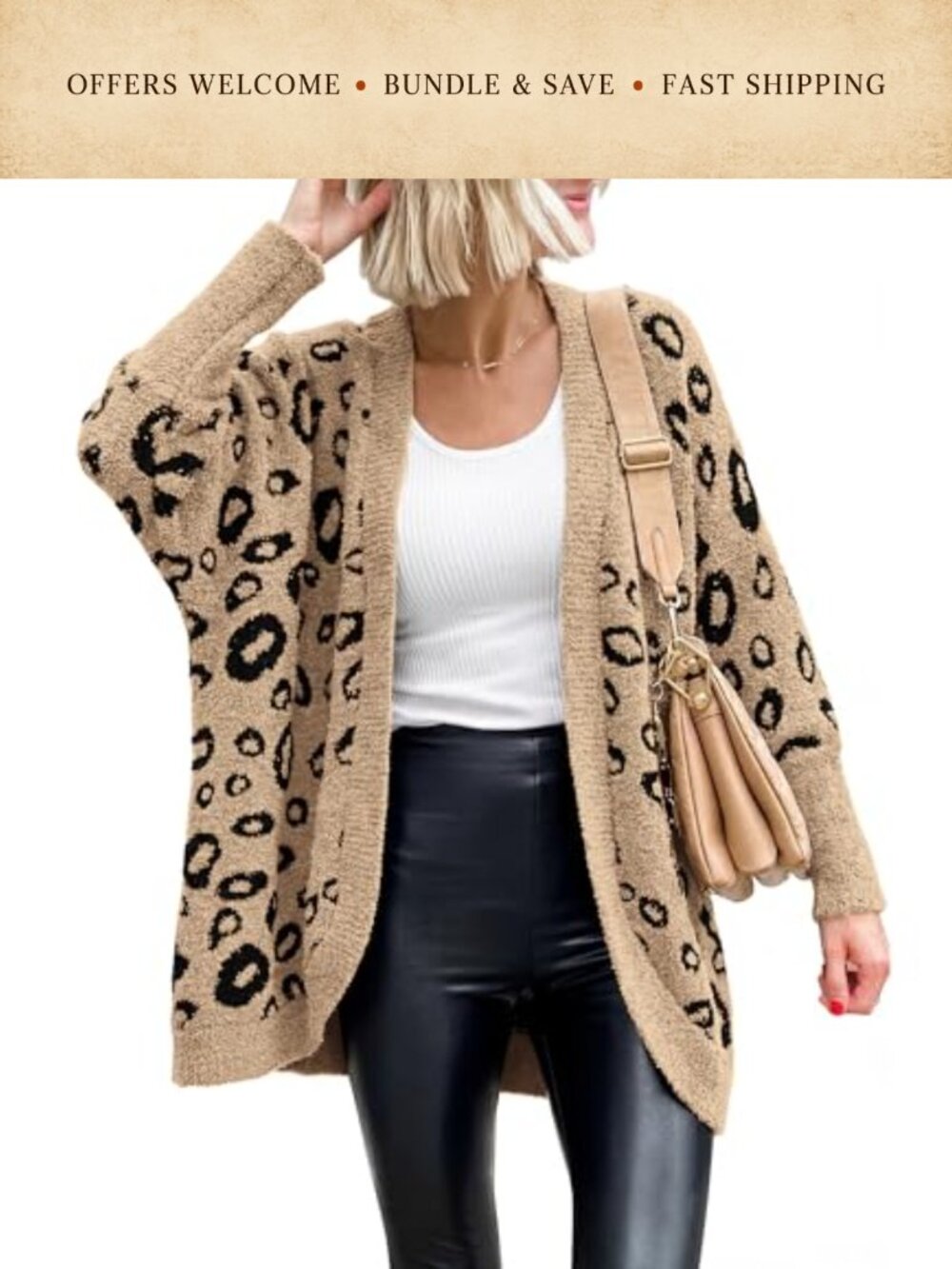 Women Leopard Print Batwing Sleeve Knit Cardigan Sweater Pockets